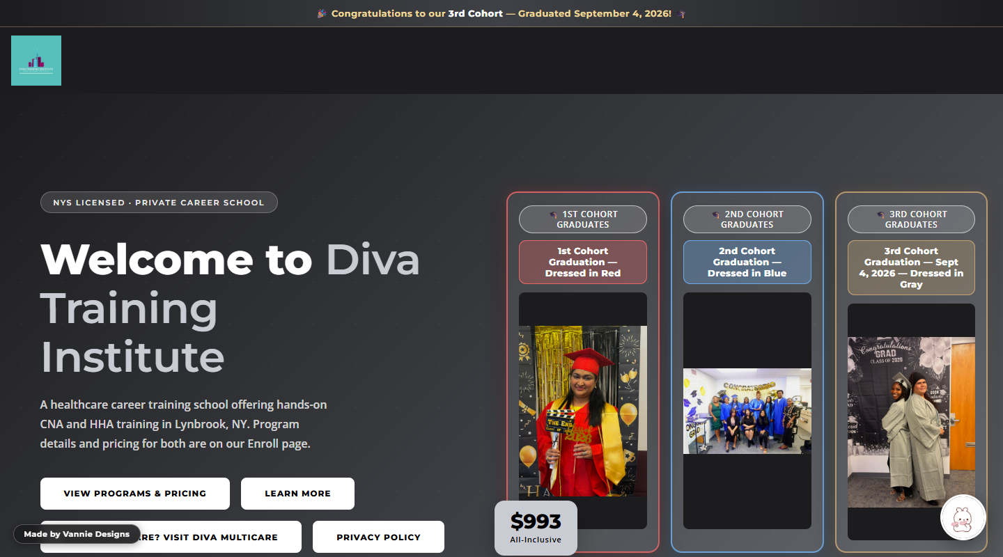 Diva Training Institute website screenshot