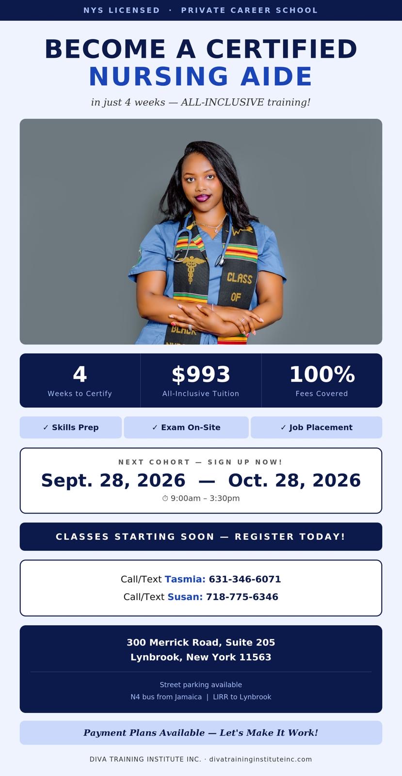 Diva Training Institute nursing aide flyer