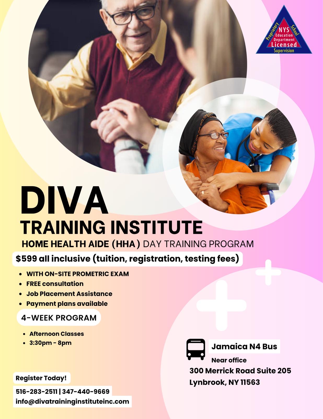 Diva Training Institute home health aide day program flyer