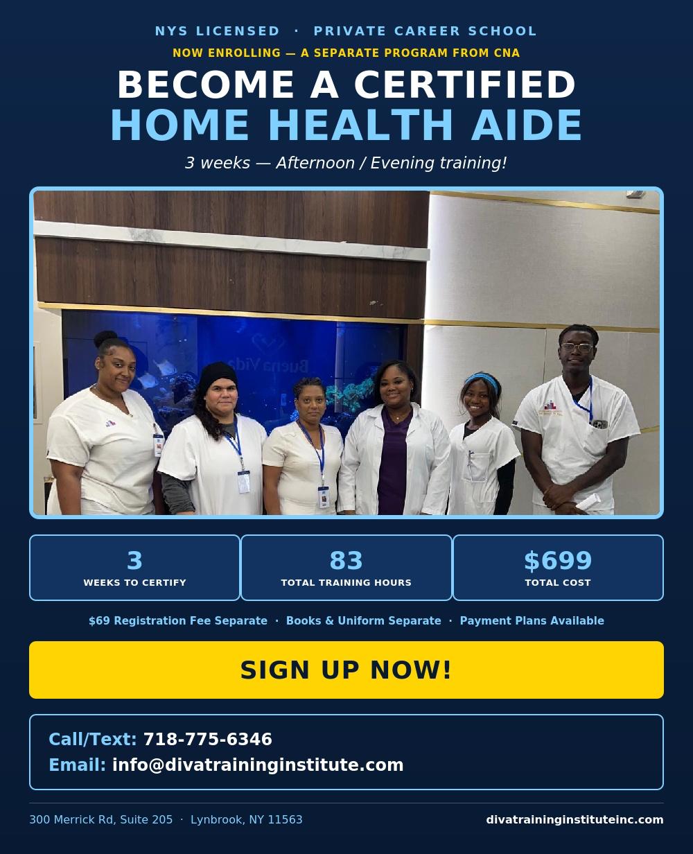 Diva Training Institute home health aide flyer with class photo